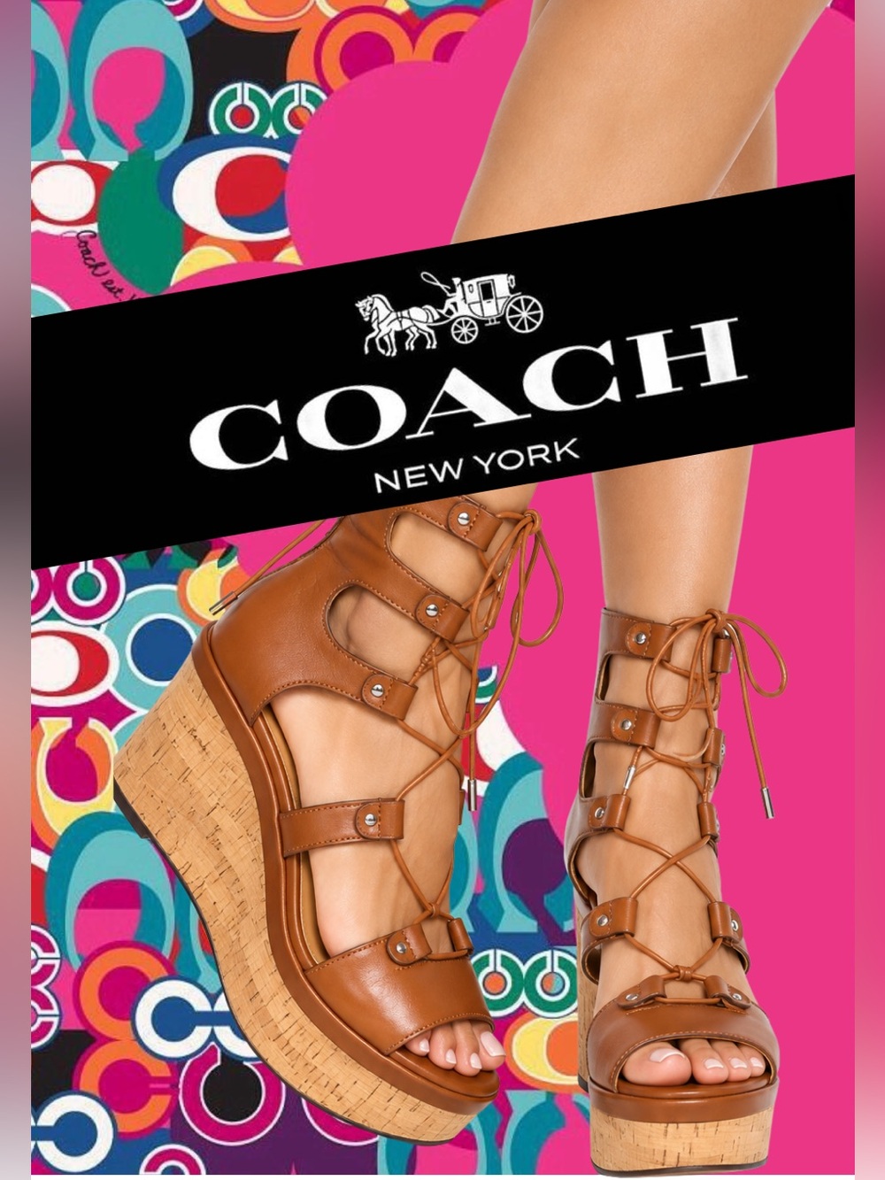 COACH Barkley Semi Matte Calf Lace-Up Wedge Sandal